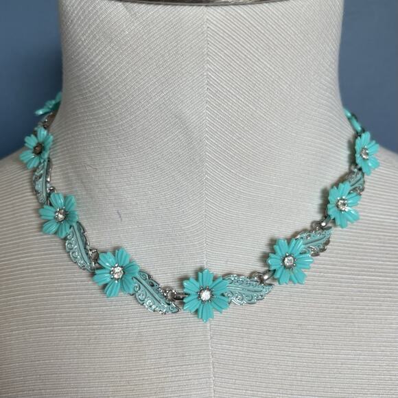 VTG Coro Daisy‎ Celluloid Aqua Blue AB Rhinestone Necklace 1950’s - Picture 1 of 5